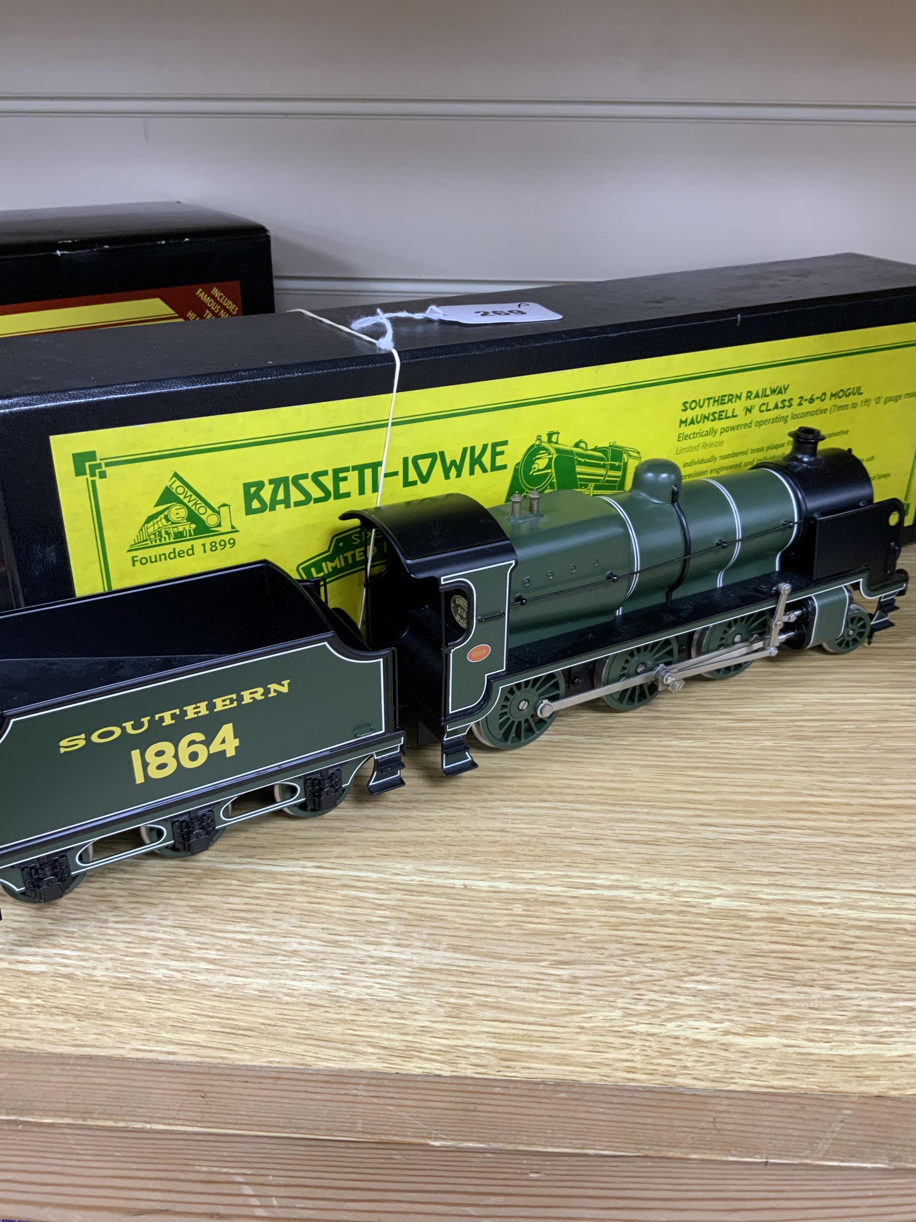 A boxed Bassett-Lowke by Corgi 0 gauge tinplate Southern Railway Maunsell N class 2-6-0 tender locomotive, 1864, in green livery, a special limited release, with option for two or three rail running, with instruction lea